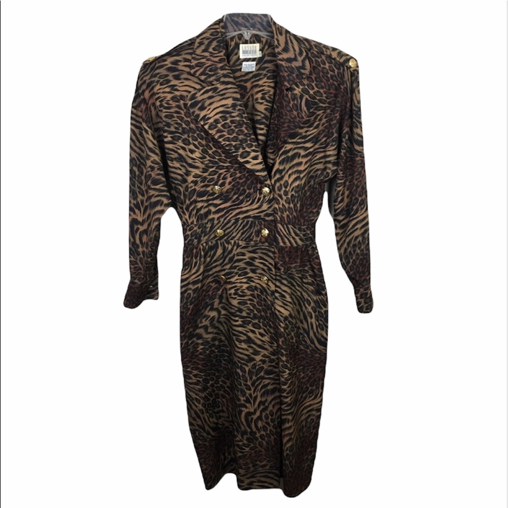 Vintage Animal print midi long sleeve dress coat dress